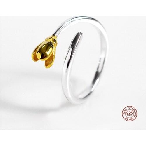 LKO Tulip Fresh Flower 925 Sterling Silver Temperament Personality Literary Fashion Adjustable Opening Rings For Women Gift