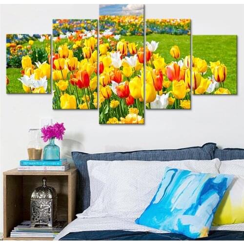 Modular Picture Living Room HD Printed Canvas 5 Pieces Colourful Tulips Landscape Painting Home Decor Poster Wall Art Framework