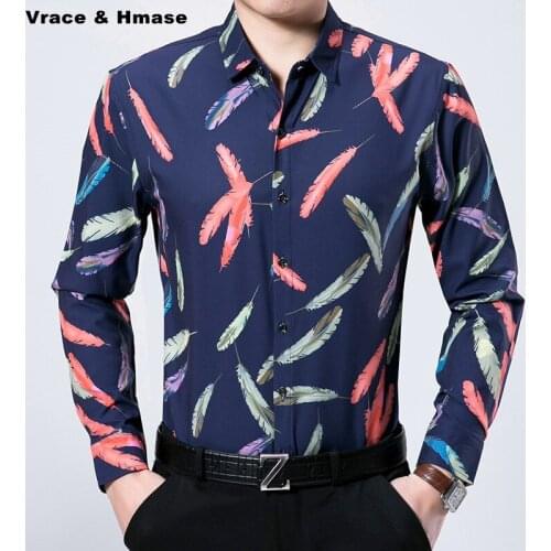Colorful feathers printing fashion boutique long sleeve shirt Spring&Autumn 2017 New mercerized cotton quality men shirt M-XXXL