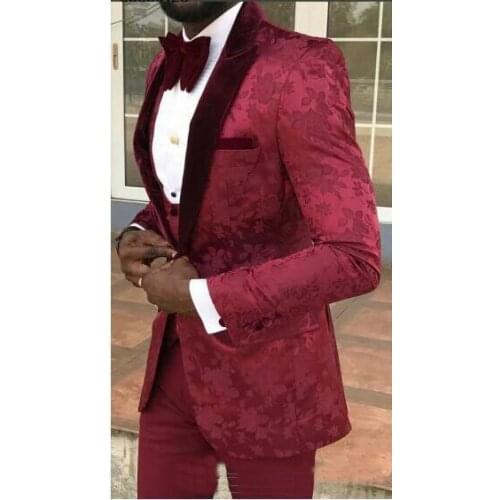 Custom Made Men Suits Dark Red Groom Tuxedos Peak Velvet Lapel Groomsmen Wedding Best Man ( Jacket+Pants+Vest+Tie ) C701