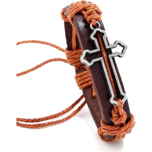 New Vintage Handmade Woven Khaki Red Brown Black Rope Leather Alloy Cross Charm Men Bracelets For Women Gift Jewelry