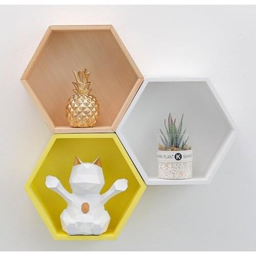 Manufacturers wholesale solid wood wall shelf home wall hexagon storage finishing frame wholesale