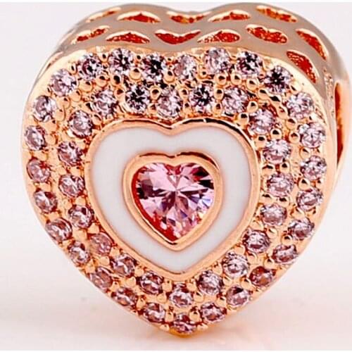 Original White Enamel Rose Hearts On Hearts With Pink Crystal Beads Fit 925 Sterling Silver Charm Bracelet Diy Jewelry