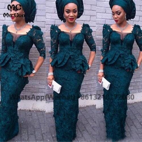 African Teal Mermaid Prom Evening Dresses Long Half Sleeves Satin Appliques Lace V-Back Womens Evening Gown Custom Made
