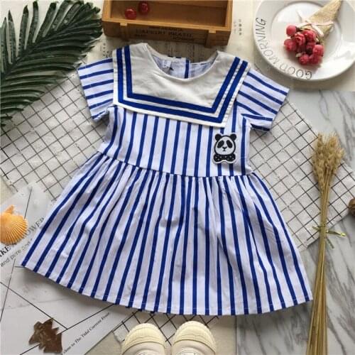 Tonytaobaby Summer New Baby Girl Panda Navy Vertical Stripe Dress