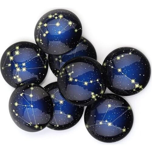 Xinyao 20pcs 10pcs 14mm 18mm 20mm 25mm Constellation Starry Sky Pattern Mixed Blue Glass Round Cabochon for DIY Jewelry Finding