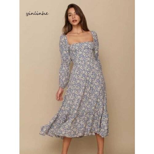 Yinlinhe Square Collar Vintage Dress Women Long Sleeve Spring Summer Dress Backless Elastic High Waist Long Dresses Ruffles 2072