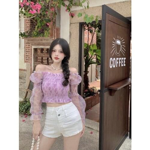 Summer Puff Sleeve Square Neck Lace Long Sleeve Short skinny Chiffon Shirt Women