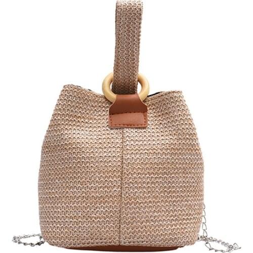 Women Mini Woven Bucket Bag Classic Shoulder Bag Lightweight Handbag with Chain Strap