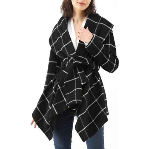 Womens Turn Down Collar Wool Blend Shawl Coat 2021 Fall Winter Fleece Plaid Outerwear Long Sleeve Warm Wear