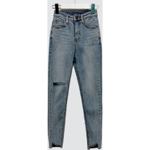 Autumn 2021 New Blue Hole Womens Jeans Mid Waist Denim Pencil Pants Retro Washed Streetwear Chic Slim Trousers Female