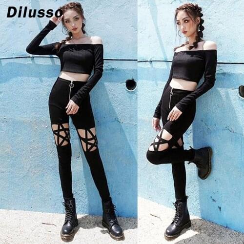 Women Punk Gothic High Waist Pants Hollow Out Five-pointed Star Zipper Pants Black Female Casual Autumn Daily Pants