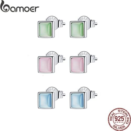 Bamoer 925 Sterling Silver Simple Geometry Opal Blue Earrings Square Pink Green Opal Stud Earrings for Women Engagement Jewelry