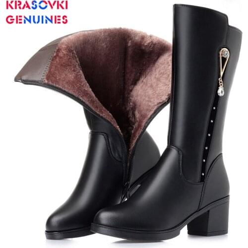 Krasovki Genuines Wool Women Snow Boots Warm Fur Warm Shoes Plush Genuine Leather High Boots Platform for Women Winter Boots
