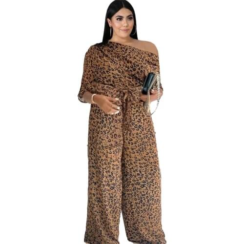 Leopard Jumpsuit Women Plus Size Clothing Wholesale Office Lady Wide Leg One Piece Outfit with Belt High Quality Dropshipping