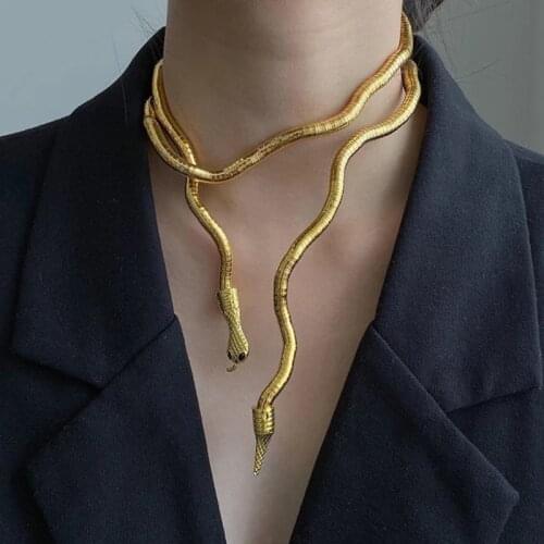 AENSOA 2020 New Punk Multilayer Metal Alloy Gold Black Color Cool Bendy Snake Necklace Bracelet for Women Men Chunky Jewelry