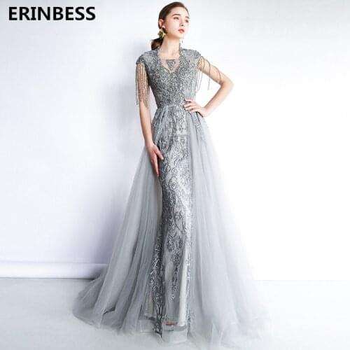 2020 Vestido De Festa Gray Long Prom Dresses High Neck Party Gowns Women Formal Appliques Beading Mermaid Prom Dress Gowns