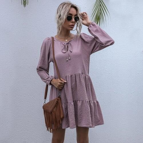 Solid Color V Neck Long Sleeve Ruffle Folds Bandage Dress Women Simplicity Casual Loose Streetwear Beach Party Dresses
