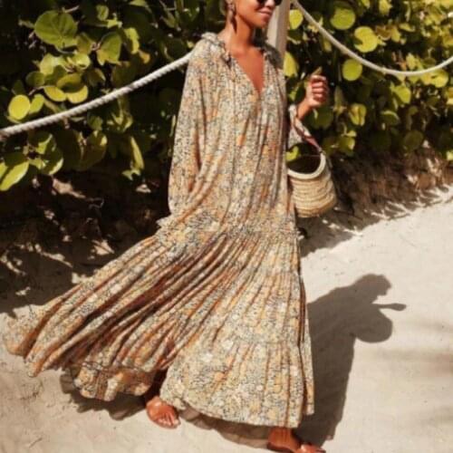 2021 Boho Floral Print Vintage Long Party Dress Women Elegant V Neck Ruffle Maxi Dress Spring Summer Butterfly Sleeve Lady Dress