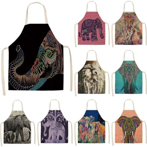 1Pc Elephant Pattern Kitchen Chef Aprons Unisex Cotton Linen Bibs Home Cooking Baking Coffee Shop Cleaning Accessory 53*65cm