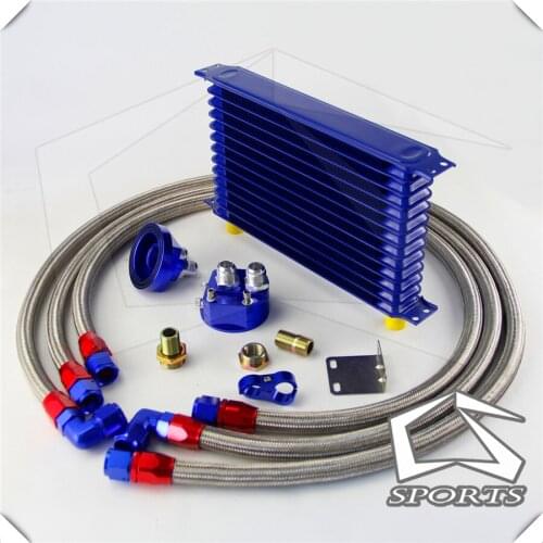 13 ROW AN-10AN UNIVERSAL ENGINE TRANSMISSION OIL COOLER BLUE + FILTER RELOCATION KIT