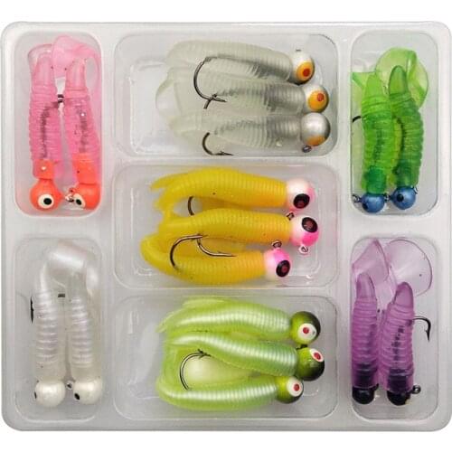 Hyaena 17pcs Soft Lures With Jig Head Hooks Set Mixed Color Assorted 3D Eyes Jig Hook With Artificial Bait Tail