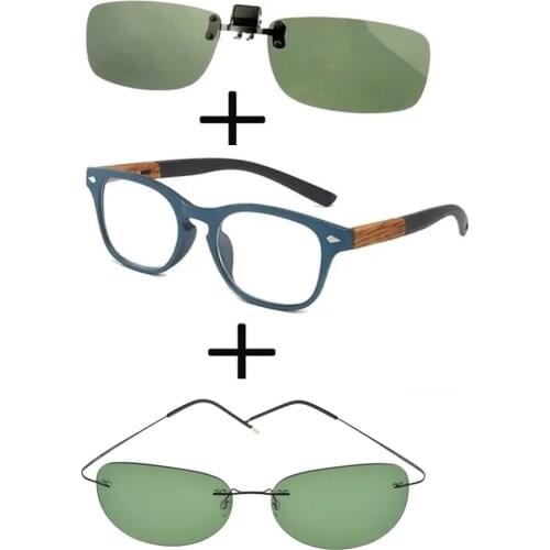3Pcs!!! Comfortable Wooden Squared Frame Reading Glasses for Men Women + Polarized Sunglasses Thin Leg Metal + Sunglasses Clip