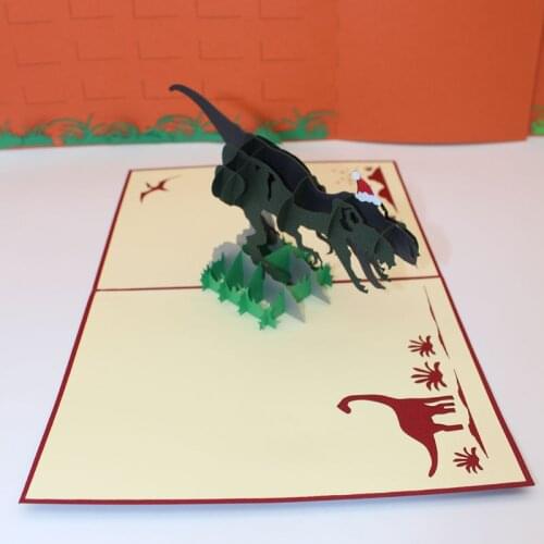 3D Handmade Cool Wearing Christmas hat Tyrannosaurus Rex Dinosaur Paper Invitation Greeting Cards PostCard Kids Creative Gift