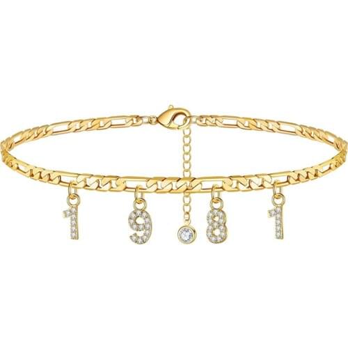 Birth Year Number Ankle Bracelets for Women 14K Gold Filled Dainty CZ Date Anklet Personalized Ankle Bracelets for Women Beach