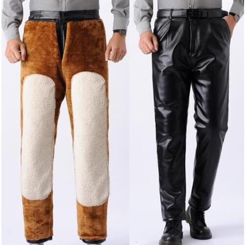 Casual Windproof Waterproof PU Fleece Pants Men Straight Plus Size 4XL 5XL Faux Leather Pants Warm Autumn Winter