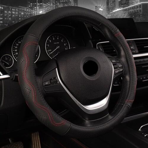 DONYUMMYJO Genuine Leather Steering Wheel Cover Lychee Pattern with Anti-slip M Size fits 38cm/15" Diameter