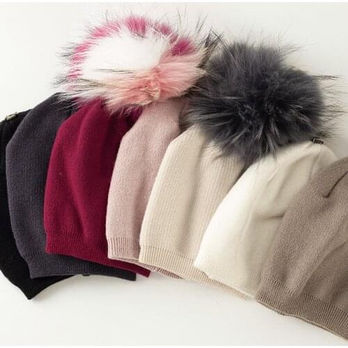 Kids Cotton Knitted Beanie Hats Candy Solid Color Hat With Faur Fur Pompom Ski Beanies For Girls Boys Soft Warm Skullies Caps