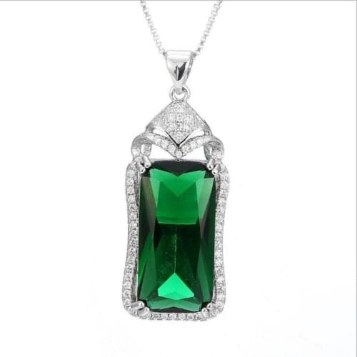 TJP Personality Girls Crystal Green Rectangle Necklace For Women Jewelry Fashion 925 Sterling Silver Necklace Ladies Accessories