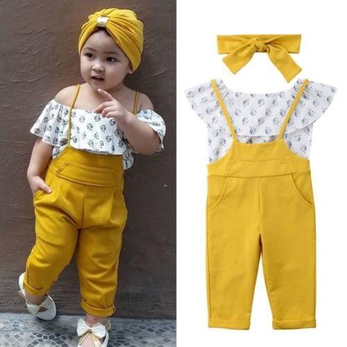 Emmababy Off Shoulder Sleeveless T-shirt Tops Romper Overall Cute Girl Clothing Outfits 3PCs Lovely Toddler Girls Clothes Set