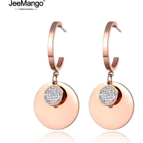 JeeMango Trendy Stainless Steel Rose Gold Drilling Disc Earrings Bohemia Clay Shiny Rhinestone Creative Jewelry For Girl JE19104