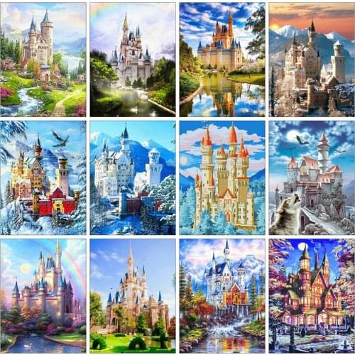 Huacan Full Drill Square Diamond Painting Castle Scenery Wall Sticker Embroidery Mosaic Building Landscape Home Decor