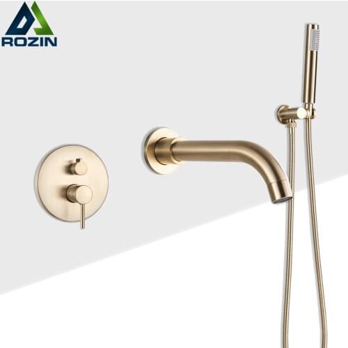 Brushed Golden Bathtub Faucet Wall Mounted Bathroom Tub Mixer Tap Rotate Spout Plastic Hand Shower Head