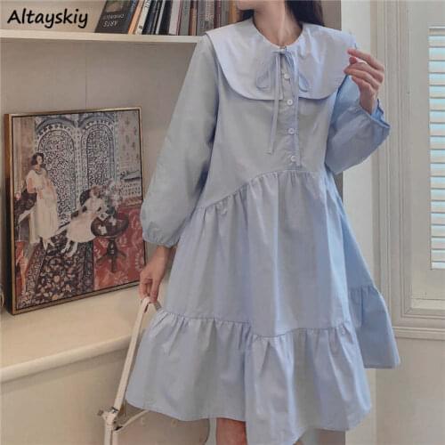 Solid Dresses Women Peter Pan Collar Ruffles Knee-Length Lantern Sleeve Japanese Style Kawaii College Students Loose Female Chic