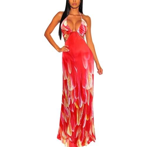 Sexy Women Halter Print Long Dress Hollow out Backless Female Fashion Sleeveless Beach Vacation Party Dresses 2021 New