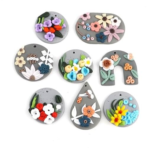 2 PCs Hand Made Polymer Clay Flower Pendants Round Multicolor Flowers Charms U Drop shape Clay Charm For DIY Earring Making
