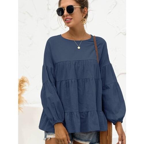 Spring And Autumn Lantern Sleeve Pullover Pure Color Elegant New Casual Loose Stitching Decoration Fashion O-neck T Streetwear