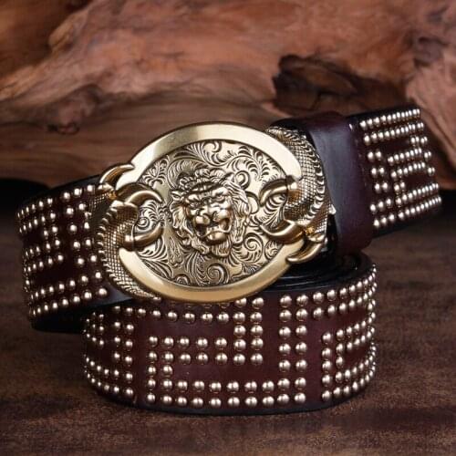 Luxury Brand Mens Pin Buckle Belt Genuine Leather Rivet Belts Male Punk High Quality Real Cow Leather Fashion Square Belt Jeans