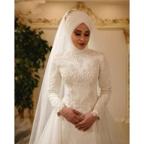 GY Luxurious Arabic Muslim Hijab Wedding Dresses High Neck Long Sleeves Lace A-line Bridal Gowns with Veils Robe De Mariage