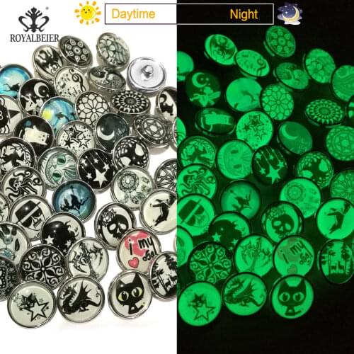 RoyalBeier Luminous Series Mixed Pattern 18mm Snap Buttons 12pcs/Lot Cabochon Glass Snaps DIY Bracelets For Charms Jewelry Gift