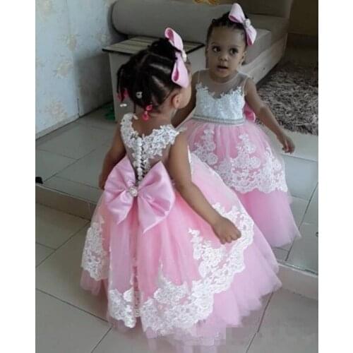 Pink flower girls dresses with sheer neck lace applique girls pageant dress with bow sash buttons back first communion Gown