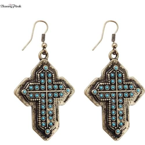 Banny Pink Religious Cross Dangle Earrings For Women Christian Pendant Drop Earrinngs God Blessed You Earrings Christmas Gift