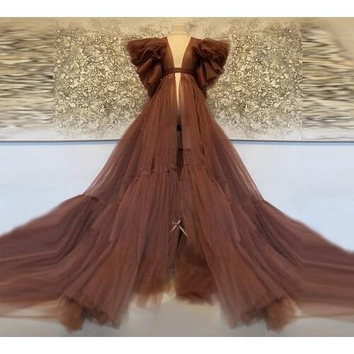 Sexy Bridal Maternity Robes Burgundy Ruffled Short Sleeve Floor Length Long Tulle Sheer Party Dress For Photo Shoot Custom Made
