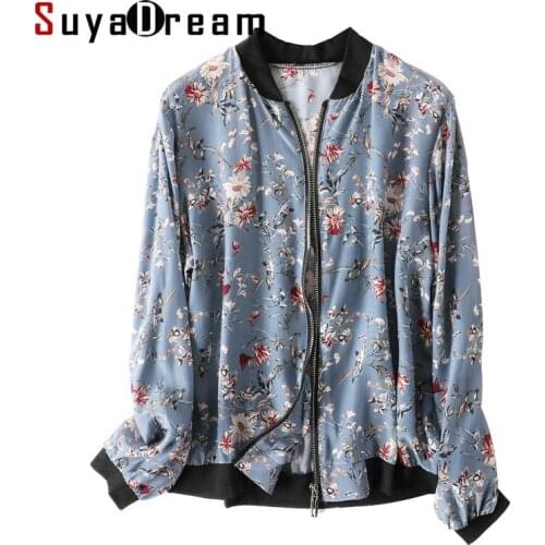 SuyaDream Women Jacket 100%Real Silk Crepe Casual Zipper Floral Printed Jackets 2020 Fall Winter New Outwear Slate Blue