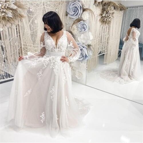 Wedding Dress A-Line V-Neck Full Sleeve Lace Appliques Sequined Beads Button Backless Floor Length Sweep Train Bride Gown New