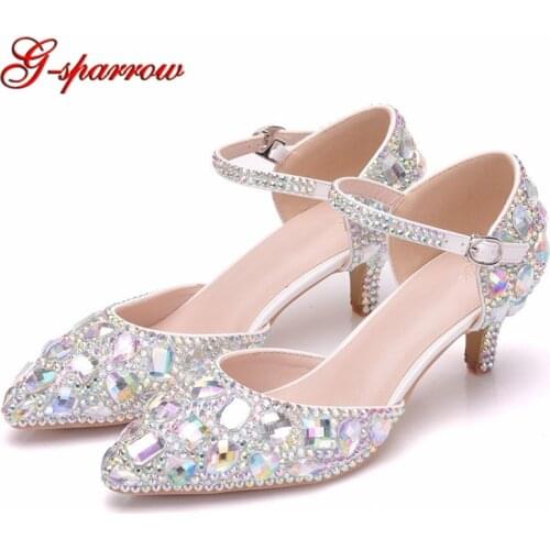 2 Inches Low Heel Rhinestone Wedding Dress Shoes Crystal AB Color Pointed Toe Thin Heel Pumps Crystal Single shoes Big size